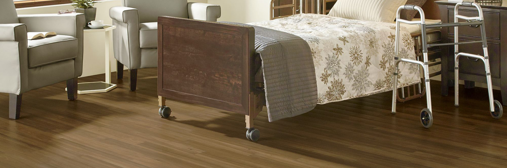 Armstrong Medintone vinyl flooring in a patient room, showing durable clinical-grade surface with clean aesthetic