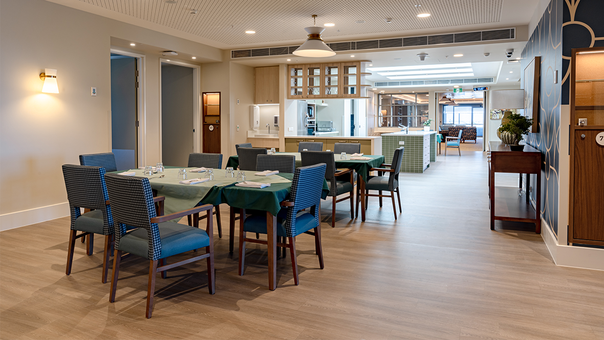 Forbo vinyl flooring installed in an aged care dining room, showing seamless hygienic surface ideal for meal areas