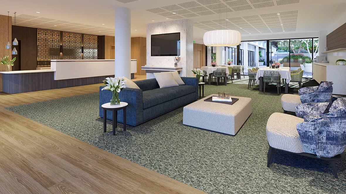 Forbo vinyl flooring in an aged care living area with warm residential tones