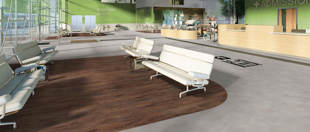 Tarkett healthcare vinyl flooring in a reception area showing durable commercial-grade surface